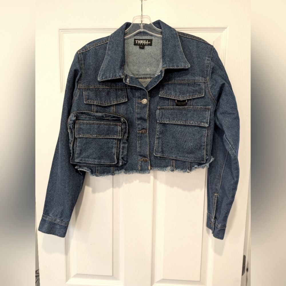 Thrill Jeans Distressed Denim Jacket Cropped Distressed Raw Hem Utility Y2K L